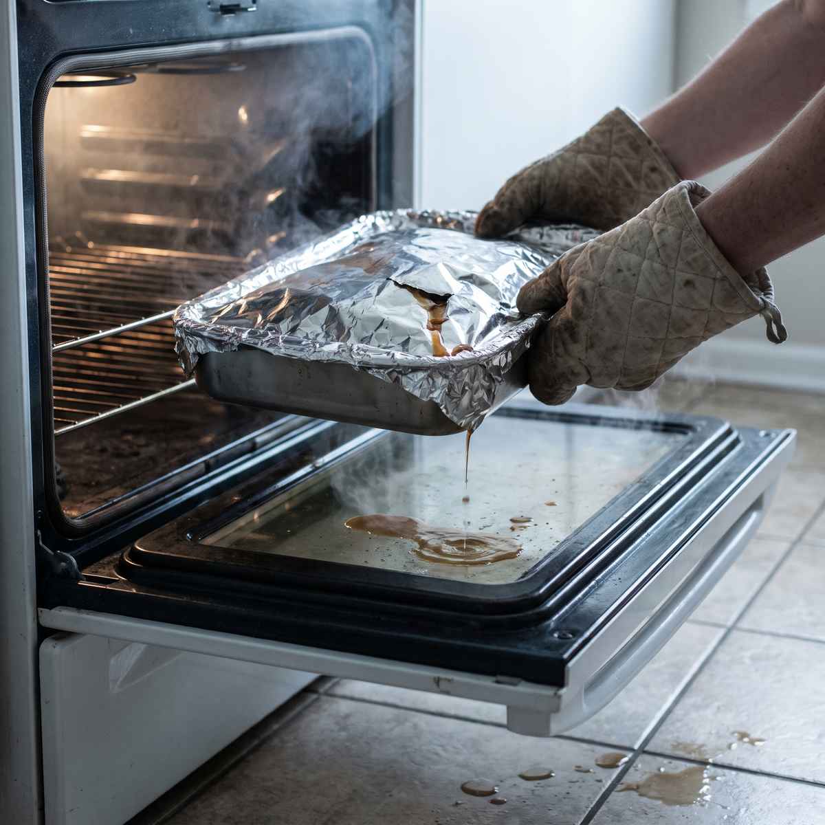 Torn foil dripping in the oven