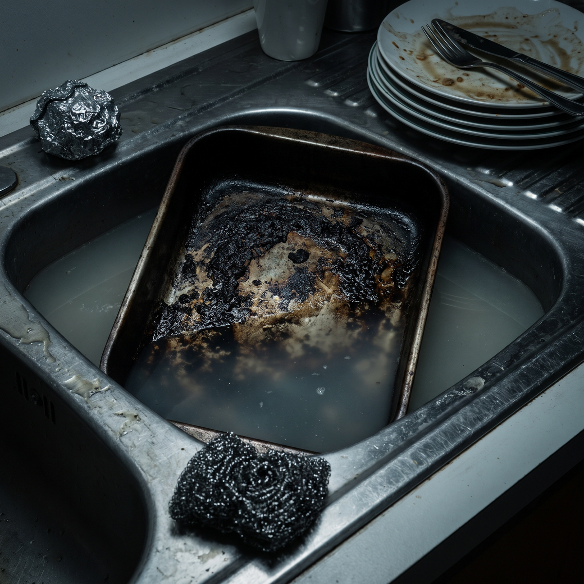 Burnt roasting pan soaking in the sink